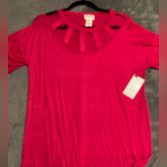 BiBi Hot Pink Cut Out Strappy Front Spandex Rayon Short Sleeve Shirt - Picture 2 of 3